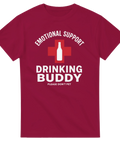 Vitmönstrad "Emotional Support Drinking Buddy" med rött kors och flaska på vinröd t-shirt.