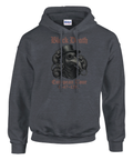 Grafitgrå hoodie med ett statement-tryck i mörk retrostil