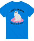 Blå t-shirt med en vit katt på ett rosa moln och texten Livet är en soppa