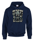 Marinblå hoodie med illustrerad mörk karaktär och mystisk symbolik