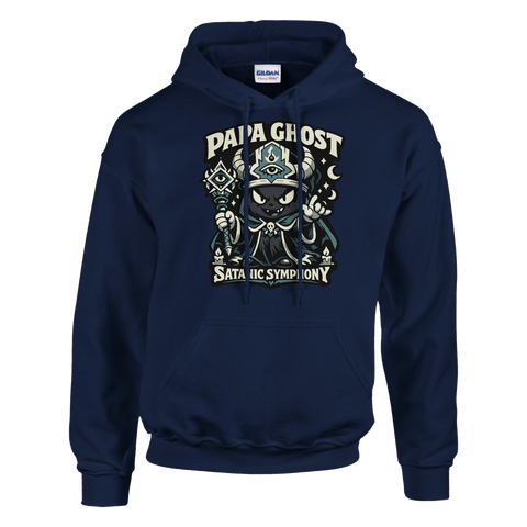 Marinblå hoodie med illustrerad mörk karaktär och mystisk symbolik