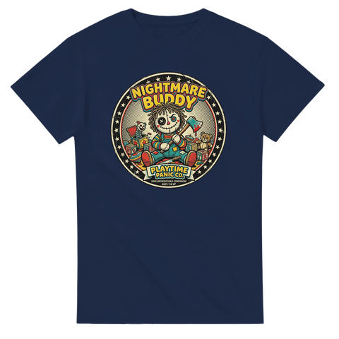 Kultfilm-inspirerad design med texten Nightmare Buddy på marinblå t-shirt