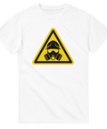Minimalistisk illustration av gasmask i varningsskylt – vit t-shirt