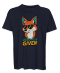 Räv med solglasögon & text "Zero Fox Given" på mörkblå oversized ekologisk t-shirt.