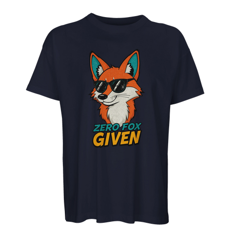Räv med solglasögon & text "Zero Fox Given" på mörkblå oversized ekologisk t-shirt.