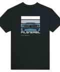 Retro illustration av en klassisk jänkare på svart t-shirt – pilsnerbil motiv