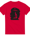 Röd t-shirt med svart katt i Che Guevara-stil – rolig och rebellisk design
