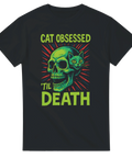Svart t-shirt med motiv av grön dödskalle och katt, text "Cat Obsessed 'til Death"