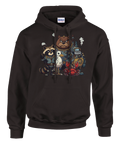 Steampunk-djur: tvättbjörn, björn, fågel, robot, krabba i brunt, grått, rött på svart hoodie.