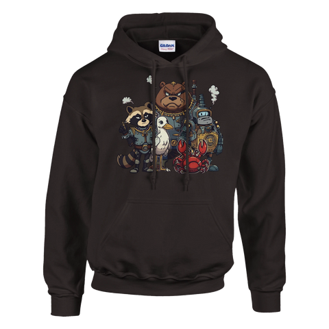 Steampunk-djur: tvättbjörn, björn, fågel, robot, krabba i brunt, grått, rött på svart hoodie.