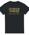 Kaxigt guldtryck med texten Flower Power på svart t-shirt