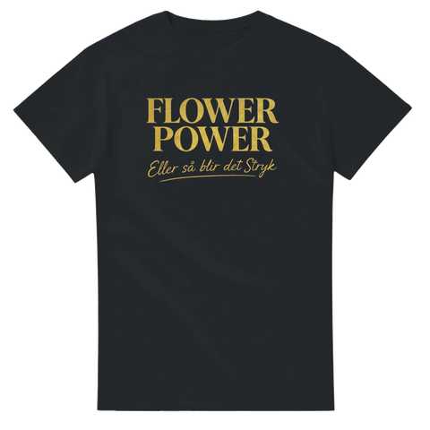 Kaxigt guldtryck med texten Flower Power på svart t-shirt