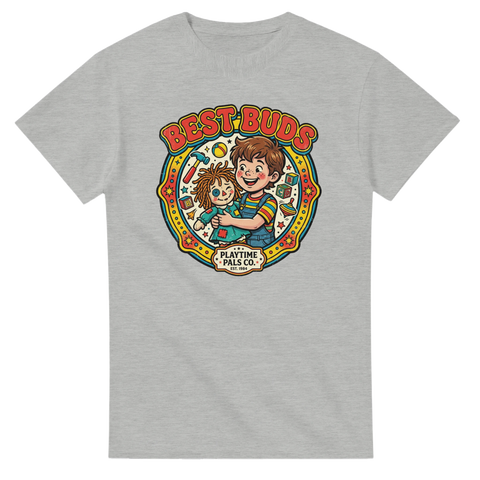 Grafisk t-shirt med nostalgiskt 80-tals tryck och mörk humor