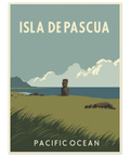Retro resepraat för Isla De Pascua med en Moai-staty vid havet i dämpade gröna och blå färger.