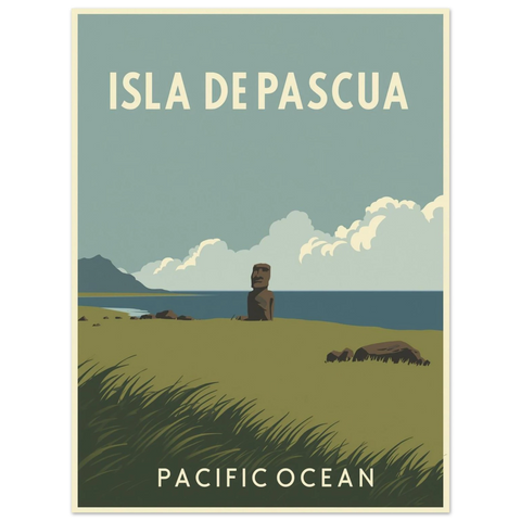 Retro resepraat för Isla De Pascua med en Moai-staty vid havet i dämpade gröna och blå färger.