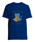 Tecknad blå katt som äter pizza, med texten "PIZZA CAT", på en mörkblå t-shirt.