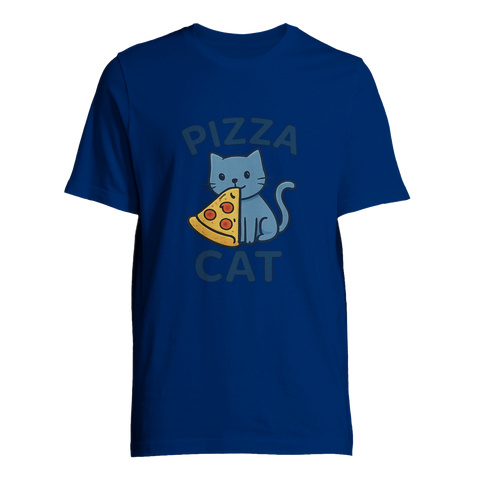 Tecknad blå katt som äter pizza, med texten "PIZZA CAT", på en mörkblå t-shirt.