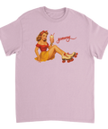 Retro rockabilly-motiv med texten Yummy på ljuslila t-shirt