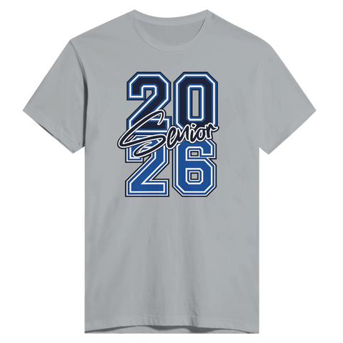 Grå t-shirt med retroinspirerad illustration för examensåret 2026