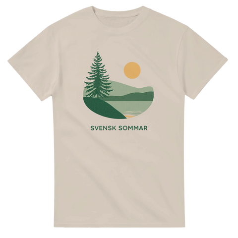 Minimalistiskt naturmotiv med sol och vatten på beige t-shirt