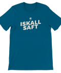 Blå t-shirt med nostalgisk Iskall Saft-text och grafiskt glas