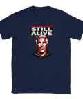 Provokativ t-shirt med mörkblått tyg och satirisk Epstein-illustration