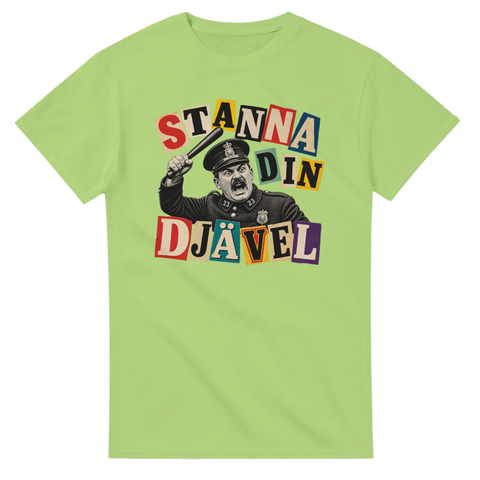 Humoristiskt tryck i vintage collage-stil med arg konstapel – limegrön t-shirt
