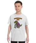 Grannysaurus Rex-tryck med dinosaurie och rullator på grå barn t-shirt.