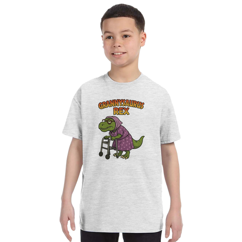 Grannysaurus Rex-tryck med dinosaurie och rullator på grå barn t-shirt.