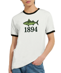 Detaljbild på svarta ärmkanten på en retro GAIS ringer t-shirt.