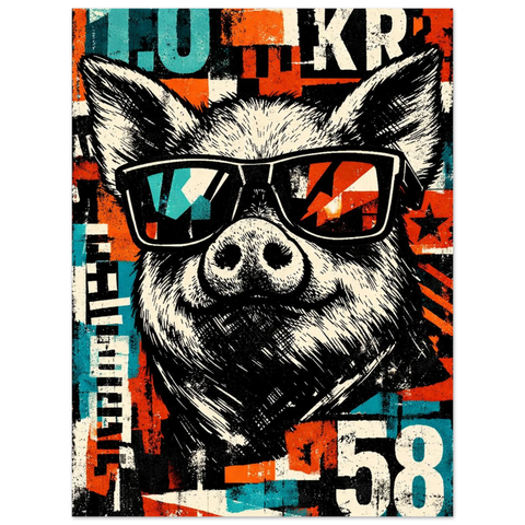Urban affisch föreställande ett grishuvud med cool attityd, tryckt med kraftiga kontraster och grafiska element.