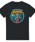 Retro badge-illustration med vinkande skelett på en gravsten – grafisk t-shirt