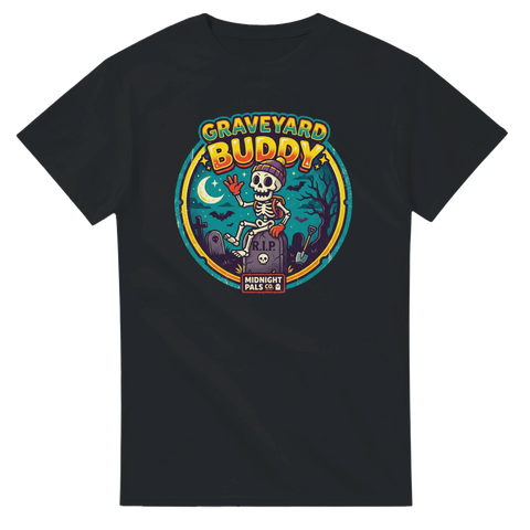 Retro badge-illustration med vinkande skelett på en gravsten – grafisk t-shirt