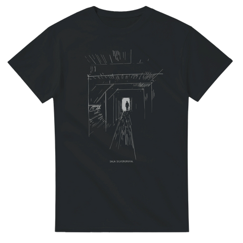 Minimalistisk sketch av en mörk gruvgång – grafisk t-shirt Sala Silvergruva