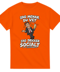 Festhumor med tecknad gubbe och ölglas på orange t-shirt