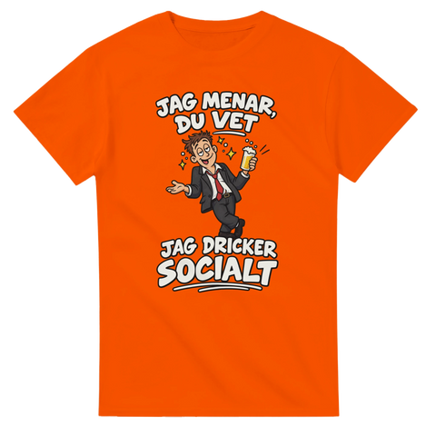 Festhumor med tecknad gubbe och ölglas på orange t-shirt