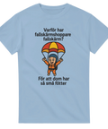 Blå t-shirt med skämtet "Varför har fallskärmshoppare fallskärm? För att dom har så små fötter" och en tecknad fallskärmshoppare