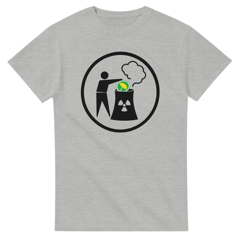 Grafiskt tryck med politisk ironi om kärnkraft och miljö – minimalistisk t-shirt