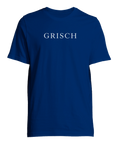 Grafisk design med ordet Grisch i vit text på kungsblå t-shirt