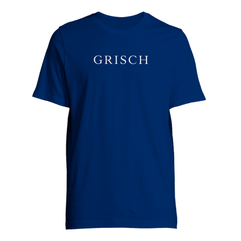 Grafisk design med ordet Grisch i vit text på kungsblå t-shirt