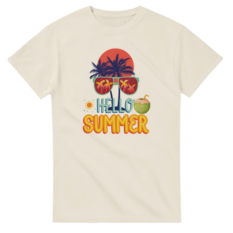Retro sommar-motiv med palmer och solglasögon på en naturvit t-shirt