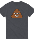 Glad bajsemoji med vita tänder på mörkgrå t-shirt.
