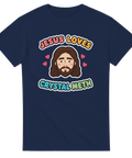 Mörk humoristisk t-shirt med Jesus-motiv och texten Jesus Loves Crystal Meth