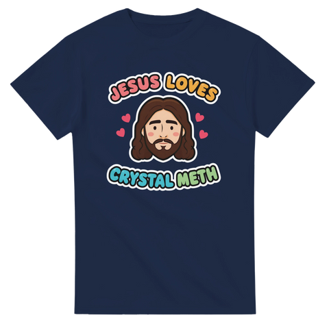 Mörk humoristisk t-shirt med Jesus-motiv och texten Jesus Loves Crystal Meth