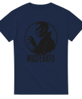 Nosferatu silhuett i svart med text på mörkblå t-shirt.