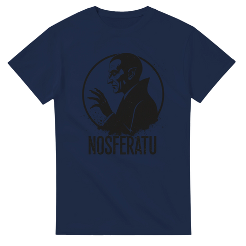 Nosferatu silhuett i svart med text på mörkblå t-shirt.