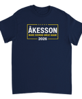 Grafiskt kampanjtryck med texten Åkesson Make Sverige Great Again på marinblå t-shirt