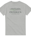 Grafiskt tryck av skånska kullar på en gråmelerad t-shirt