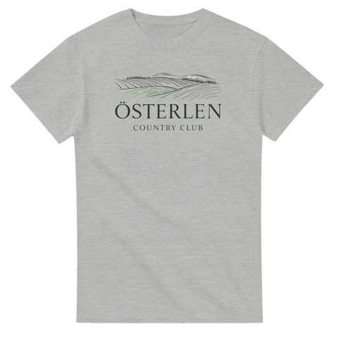 Grafiskt tryck av skånska kullar på en gråmelerad t-shirt