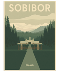 Illustration av Sobibor monument med en rak väg flankerad av mörkgrön skog mot en disig bakgrund och texten Poland.